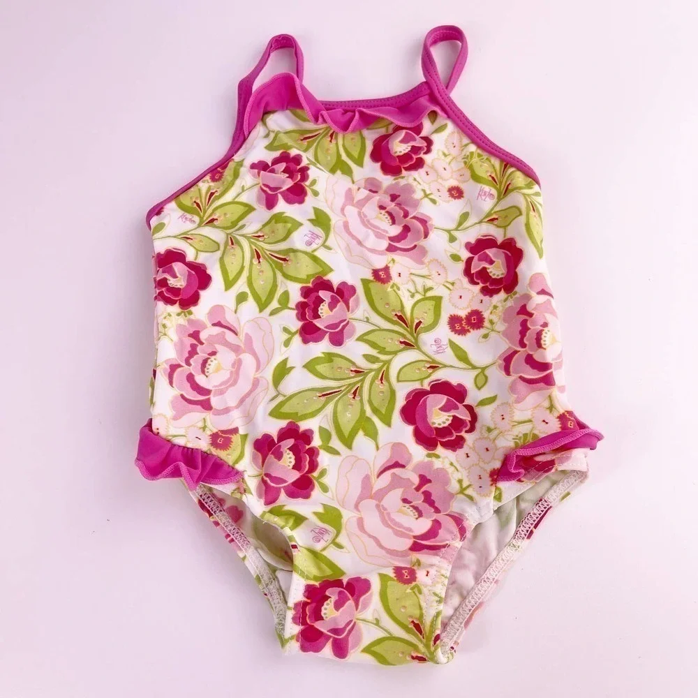 KENZO Kids Pink Green White Rose Floral Ruffle One Piece Swimsuit Swim 12 Months